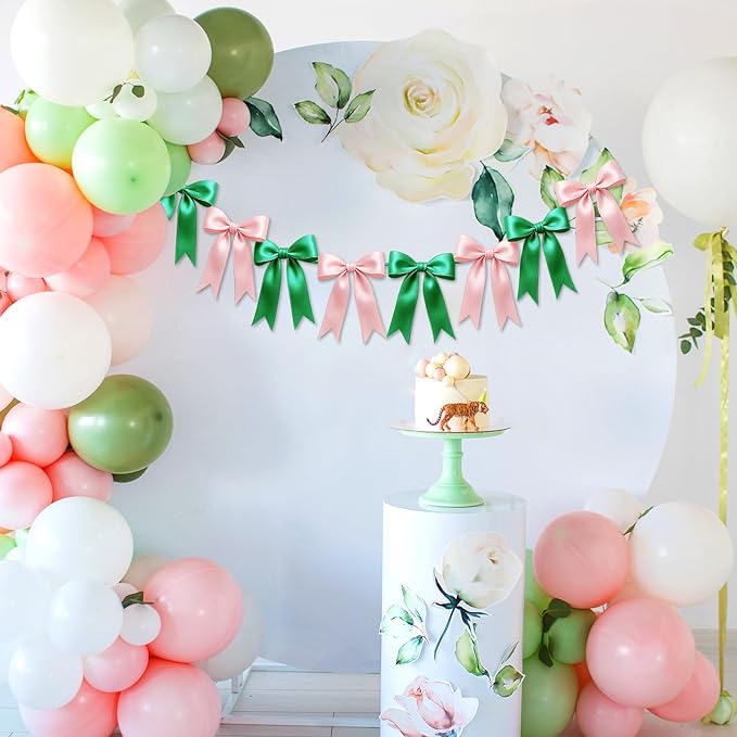1 String of 8PCS Pink&Green Bow Garland Banner Wicked Party Decoration,Pre-Strung Satin Ribbon Ornaments for Birthday,Bachelorette Party,Wedding,Engagement,Baby Shower,Graduation Decor,Anniversary