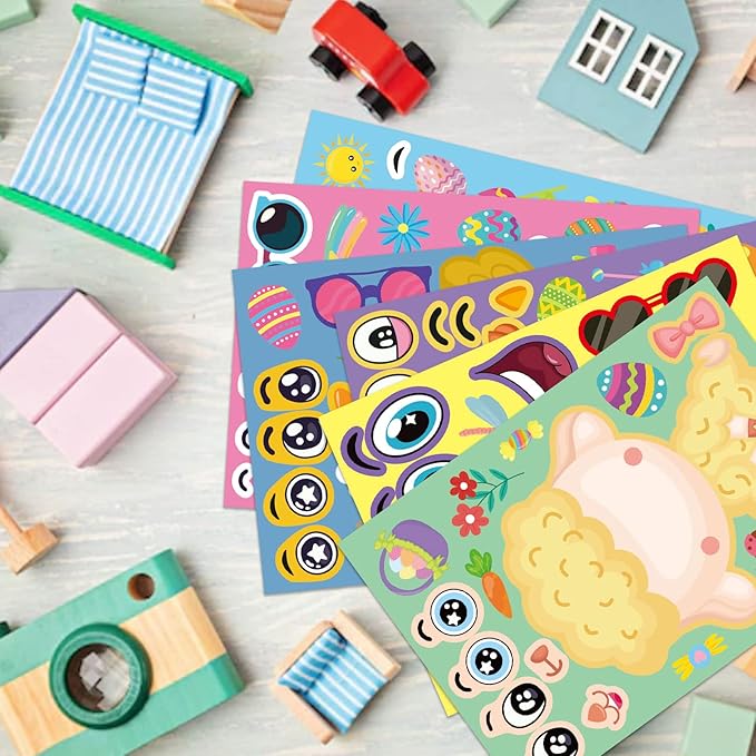 24 PCS Easter Make a Face Stickers for Kids with Chick Bunny Sheep Egg Pattern, Make Your Own Sticker, Easter Stickers for Kids Activitie Party Supplies Exchange Gifts