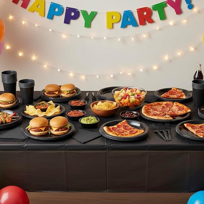 Black Plastic Plates for Party,50 Guest Disposable Plastic Plate Set 9" Plates,7" Dessert Plates,Napkins,Cups,Forks & Tablecloth for Birthday,Halloween,Christmas Parties,Graduations