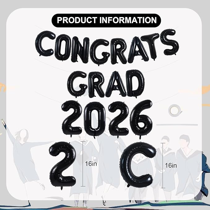 TONIFUL Graduation Balloons 16 Inch Black Congrats Grad Balloons 16 Inch Black 2026 Number Foil Balloons for 2026 Graduation Party Graduate Congratulations 2026 Congrats Grad Decorations