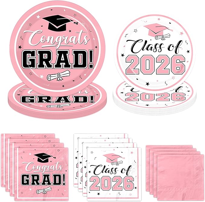 Graduation Party Plates and Napkins Pink Class of 2026 Grad Congrats Party Supplies Disposable Dessert Paper Plates Cocktail Napkins forGraduation Party Decorations,Serve 50