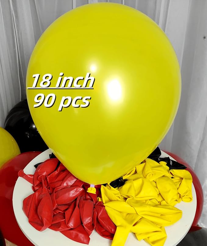 90 Pack Red and Yellow Black Balloons 18 Inch Large Balloon for Mouse Theme Kids Birthday Baby Shower Anniversary Party Decorations Supplies