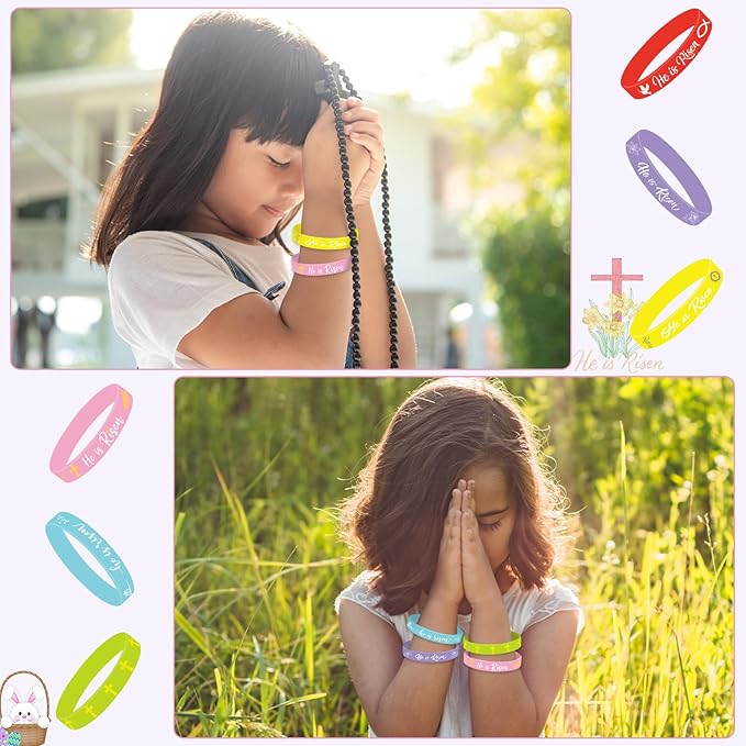 JUNEBRUSHS 42 Pcs He Is Risen Bracelets, 6 Styles of Easter Religious Silicone Wristbands Christian Easter Wristbands for Church Events Celebrations