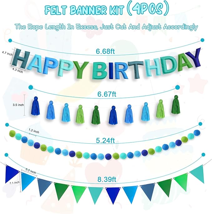 4PCS Pre-Strung Happy Birthday Banner - Felt Happy Birthday Garland, Ball Garland, Felt Pennant Flag, Blue Thread Tassel Reuasble Party Decorations for Boys Men Kids
