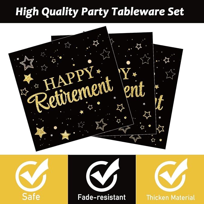 100 Pack Retirement Paper Napkins Retirement Party Decorations Happy Farewell Celebration Graduations Supplies We Will Miss You Napkins for Retired Decor Favors Black Gold Teacher