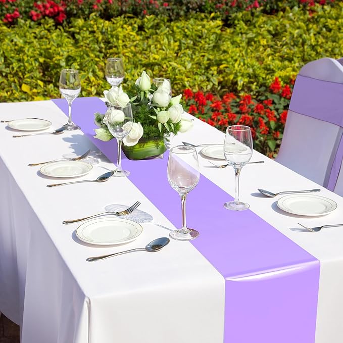 12Pack 12x108Inch Satin Table Runner and 54x108Inch Plastic Tablecloths White Light Purple Disposable Rectangle Table Cover for Graduation Wedding Bridal Shower Anniversary Birthday Party Decorations