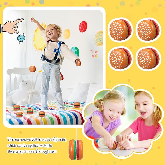 Liliful 100 Pcs Hamburger Bulk Yo Yo Toys Plastic Burger Party Favors for Kids Adults String Toys for Student Training Party Game Gifts Goody Bag Favors Classroom
