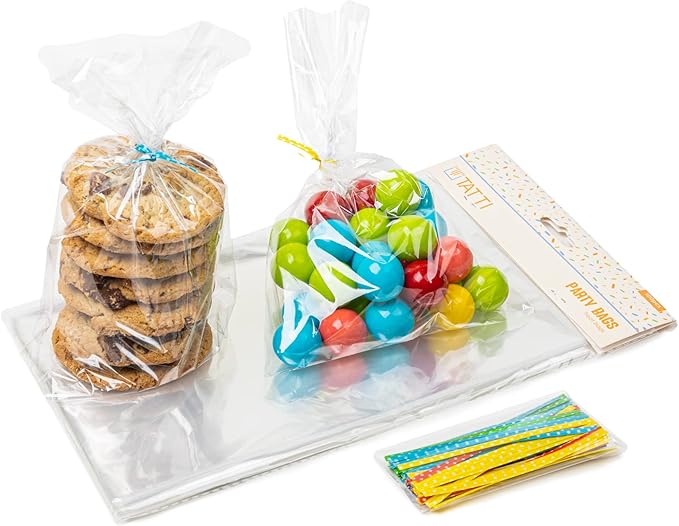 TATTI 100 Pack Clear Cellophane Bags for Favors - Transparent Goodie Bags for Birthday Party, 6x10 Inch Clear Bags with 5-Inch Twist Ties - Candy, Treat, Cookie Bags for Gift Giving