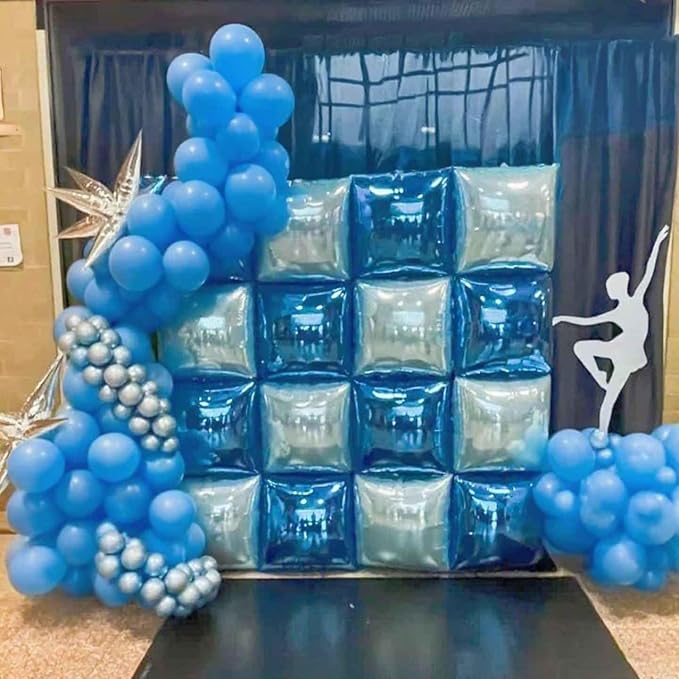 50pcs Blue Square Foil Balloons Wall Backdrop with 147pcs Blue Latex Balloon Garland Arch Kit, Double Sided Balloon Tunnel for Birthday Anniversary Graduation Baby Shower Party Decorations