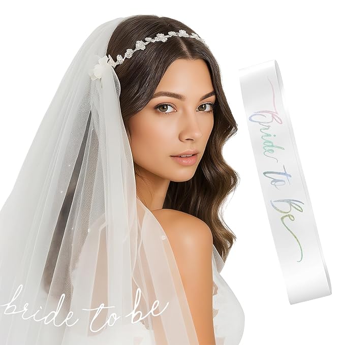 Iridescent Bride to Be Sash & White Embroidery Veil for Bachelorette Party, 2Pcs Bridal Veil and Sash Set for Women, Bach Party Favors Accessories for Wedding Bridal Showers Engagement Party Supplies