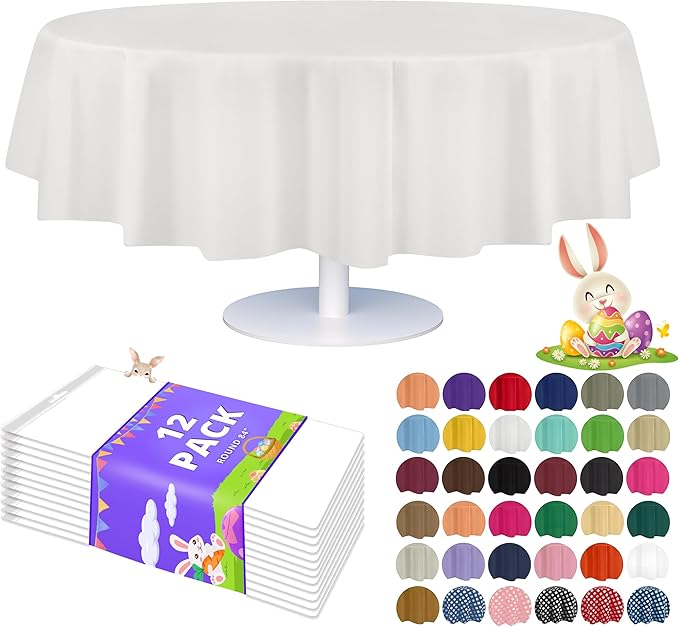 Grandipity Brand Round White Plastic 84" Disposable Tablecloth (12 Pack), Party & Event Decorative Cover