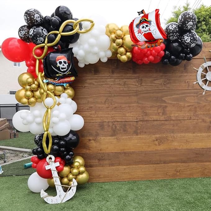 120pcs Pirate Balloon Garland Kit, Red Black White Skull Metallic Gold Balloons Arch for Pirate Ship Theme Sea Sailing Graduation Halloween Baby Shower Boys Birthday Party Decoration Supplies
