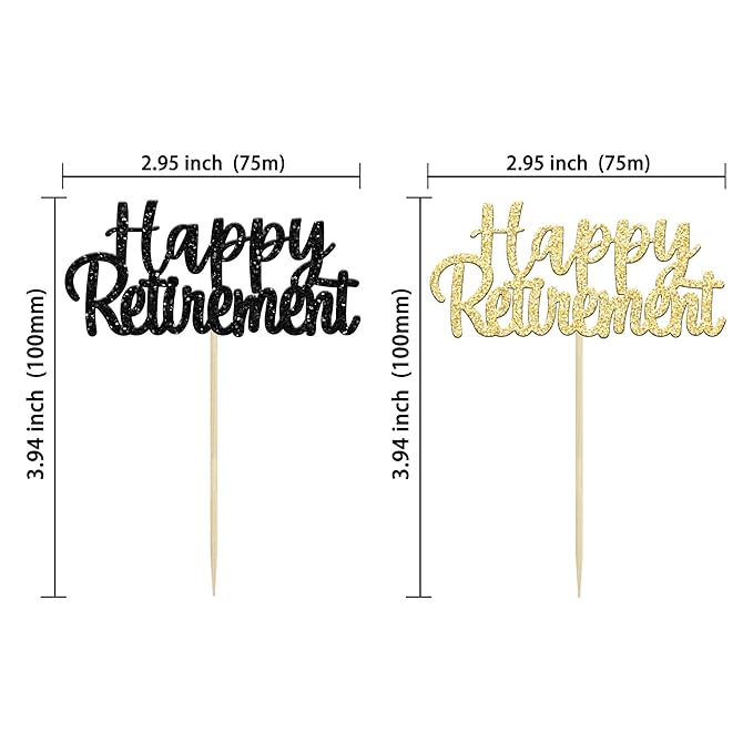 Gyufise Multicolor Glitter Happy Retirement Cupcake Toppers Retired Cake Decorations for Retirement Party Cake Decorations 36 Pack Black and Gold