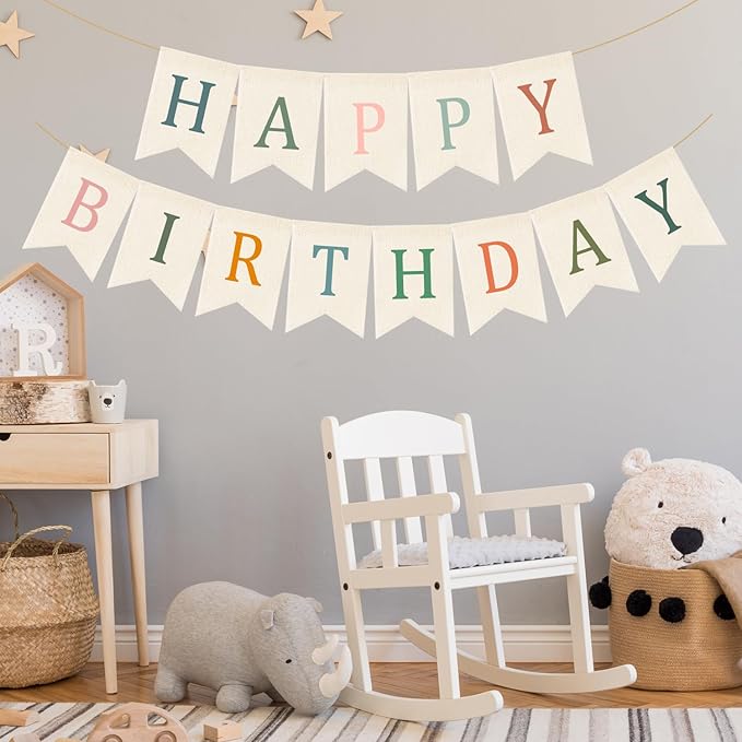 Doumeny Happy Birthday Burlap Banner Boho Birthday Garland Bunting Sage Green Pink Bohemian Party Hanging Flag White Happy Birthday Party Bunting Garland for Women Men Birthday Kid Photo Backdrop