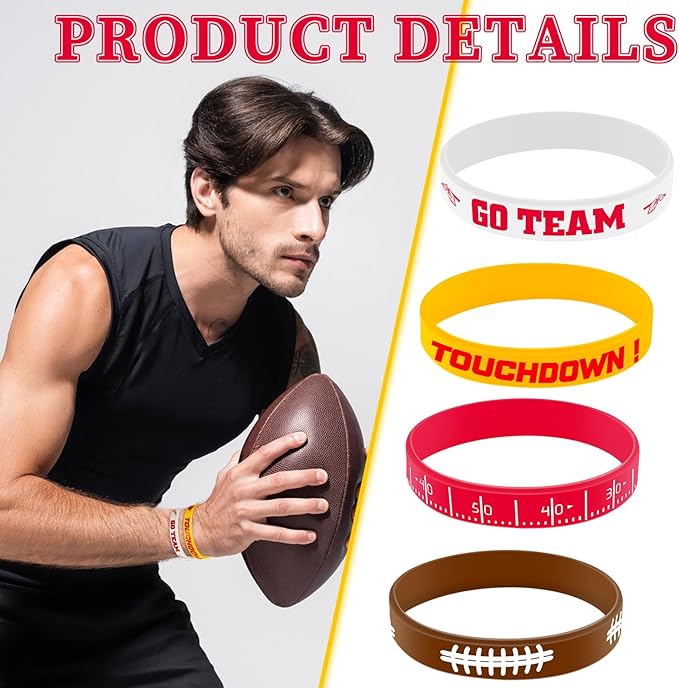 Deekin 32 Pcs Football Wristband Silicone Bracelets Football Party Favor Bracelet Motivational Rubber Bracelets for Men Women Fan Party Favors Sport Theme Birthday Supplies Gifts(Bright)