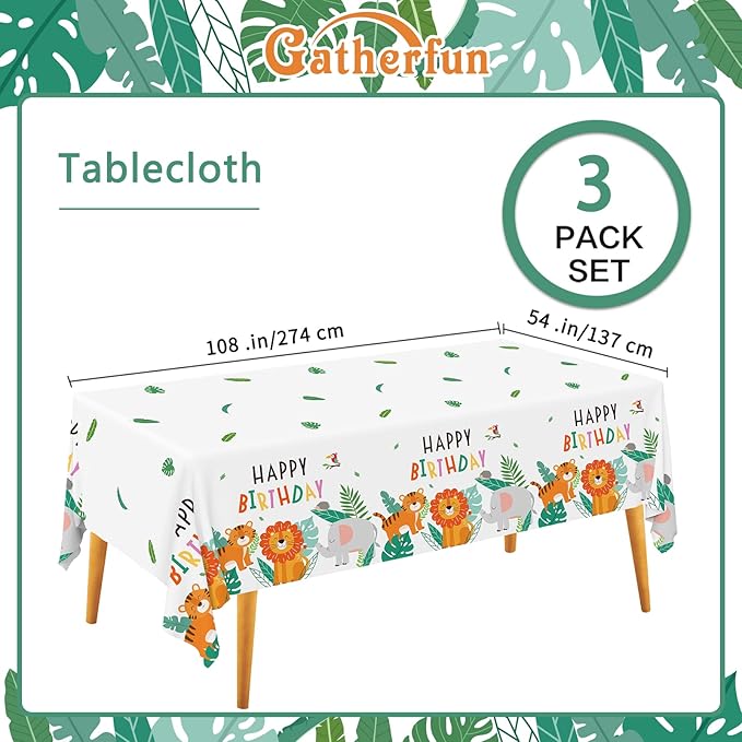 Gatherfun Safari Theme Party Supplies Disposable Tablecloth Plastic Waterproof Table Cover for Jungle Safari Birthday Party Decorations, 3 Pack 54X108inch