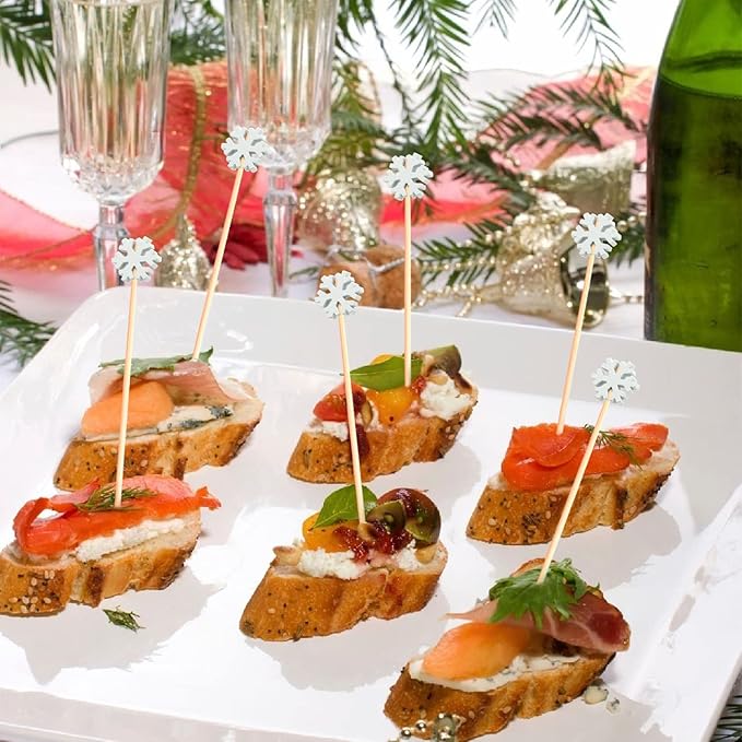 100pcs Snowflakes Cocktail Picks 4.9" Long Food Toothpicks Fruit Sticks Sandwich Appetizer Charcuterie Skewers, Made of Bamboo Wood, for Winter Snow Frozen Christmas Decoration Party Supplies