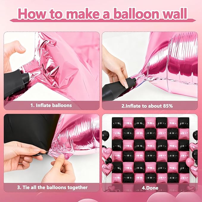 50PCS Pink Black Square Foil Balloon Wall, 19'' Double Sided Foil Balloons Backdrop Tunnel Arch Kit for Anniversary Bachelorette Bridal Baby Shower Birthday Party Decorations