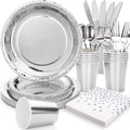 Silver Plates Party Supplies Disposable Dinnerware Set,168pcs Silver Paper Plates and Napkins for Graduation Holiday Disco Birthday Party Decorations Serves 24