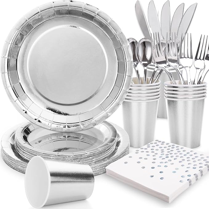 Silver Plates Party Supplies Disposable Dinnerware Set,168pcs Silver Paper Plates and Napkins for Graduation Holiday Disco Birthday Party Decorations Serves 24