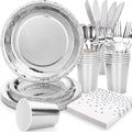 Silver Paper Plates and Napkins Party Supplies,350pcs Silver Plates Disposable Dinnerware Set for Anniversary Graduation Holiday Disco Birthday Party Decorations Serves 50