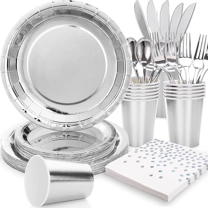 Silver Paper Plates and Napkins Party Supplies,350pcs Silver Plates Disposable Dinnerware Set for Anniversary Graduation Holiday Disco Birthday Party Decorations Serves 50