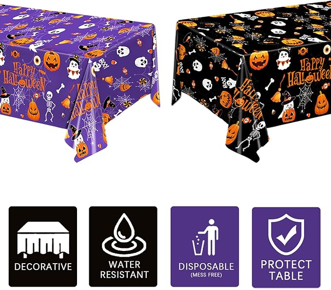 Halloween Disposable Plastic Tablecloth Halloween Party Decorations Supplies Rectangle Disposable Table Cover for Indoor Outdoor Party Decor, 2 Pack