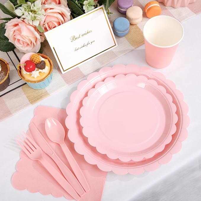 LIYH 350 Pcs Pink Paper Plates and Napkins - 50 Guest Light Pink Party Supplies Include Easter Scalloped Plates Cups Plastic Spoons Forks Knives for Baby Shower Birthday Party,Easter