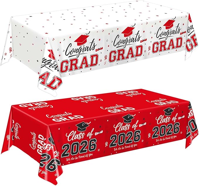 Oigco 2026 Graduation Decorations, 2 Pack Red Graduation Tablecloths Class of 2026, Congrats Grad Plastic Table Cloths for Graduation Party Decorations, 54 x 108 Inch