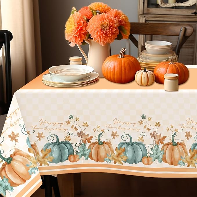 Childom 2 PCS Thanksgiving Disposable Tablecloths,Thanksgiving Decorations 54 x 108 Inch Orange Pumpkin Maple Table Cloths Plastic Table Cover for Rectangle,Home,Parties,Outdoor Picnic,Baby Showering