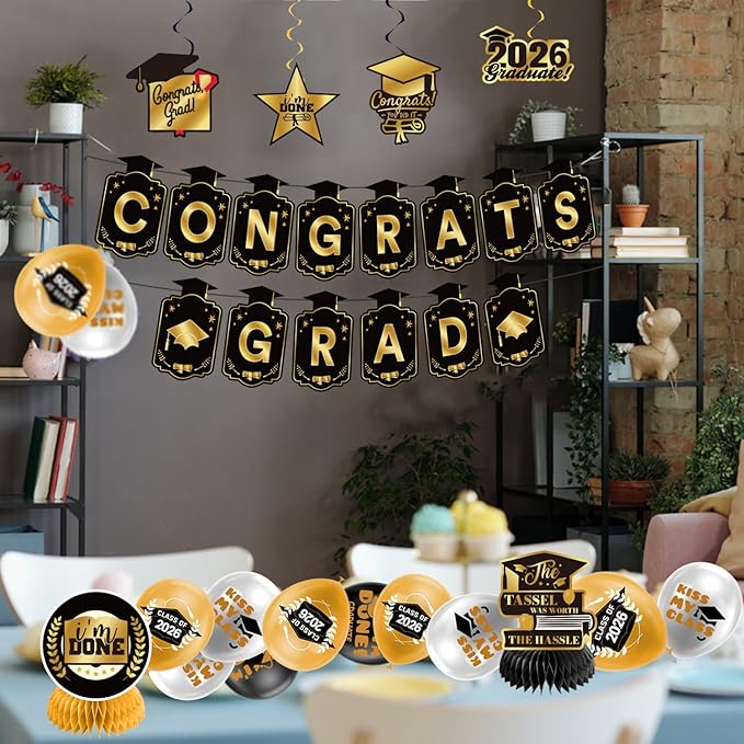 Graduation Decorations 2026 Gold Themed Set - Congrats Grad Banner, Class of 2026 Backdrop, Balloons & Streamers Kit - Complete Party Supplies for High School & College Celebrations