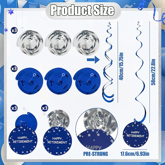 Retirement Party Decorations for Men Women Blue Silver Happy Retirement Banner Hanging Swirls Kit for Retire Party Decor Supplies