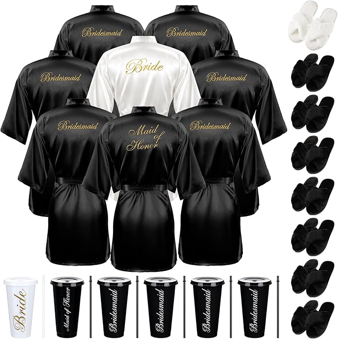 Bonuci 24 Pcs Bridesmaid Bride Robes Set of 8 Bridal Satin Robes Fluffy Slippers Drinking Cups for Wedding Bachelorette Party