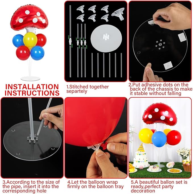 Mushroom Party Balloons Stand Kit 2 Sets with 2 Mushroom Foil Balloons Super Themed Brothers Balloon Centerpiece for Tables Spring Forest Plant Birthday Video Game Party Decorations