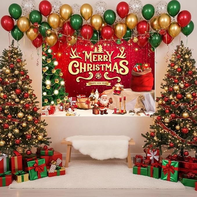 Large Christmas Party Banner and Backdrop for Indoor & Outdoor, Yard Garden Halloween Decorations & Party Supplies (Red)