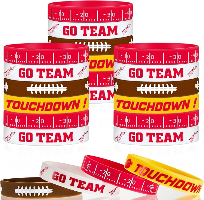 Deekin 32 Pcs Football Wristband Silicone Bracelets Football Party Favor Bracelet Motivational Rubber Bracelets for Men Women Fan Party Favors Sport Theme Birthday Supplies Gifts(Bright)