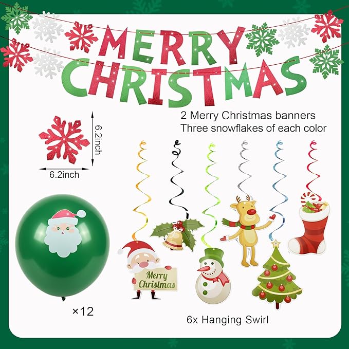 Christmas Party Decoration Set, 44PCS Merry Christmas Birthday Party Supplies with Backdrop Banner,Merry Christmas Banner with Red Green Swirls,Hanging Decor for Holiday Home Indoor Party (Christmas 2)