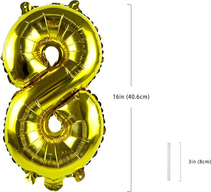 Gold Number “8”Balloons 16 Inch, Mylar Foil Custom Single Letter, Hanging, Reusable for girls boys adults Birthday,Surprise,Wedding, Celebration, Sports Party Event Decoration Supplies