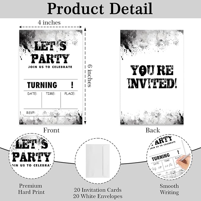 Black and White Ink Graffiti Style Birthday Invitations, Watercolor Invites for Girls Boys, 20 Pcs Double-Sided Fill In Invitations with Envelopes, Birthday Party Favor & Supplies 6 x 4 Inch