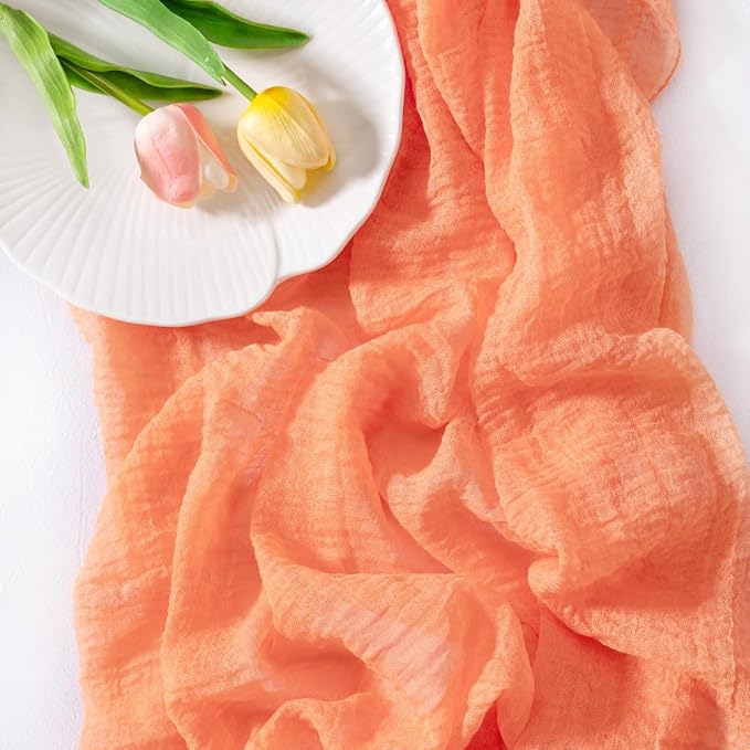 Socomi 6pcs Peach Easter Spring Gauze Cheesecloth Table Runner 120 Inch Rustic Boho Cheese Cloth Runner for Wedding Party Baby Bridal Shower Centerpiece Decoration Holiday Home Decorations