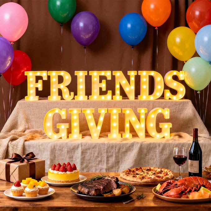 54 Pcs Friends Giving Party Decorations, Light up Letters Sign with 40 Round Pearlescent Balloons, Led Marquee Lights Table Decoration for Friends Themed Party Birthday Galentines Decor Thanksgiving