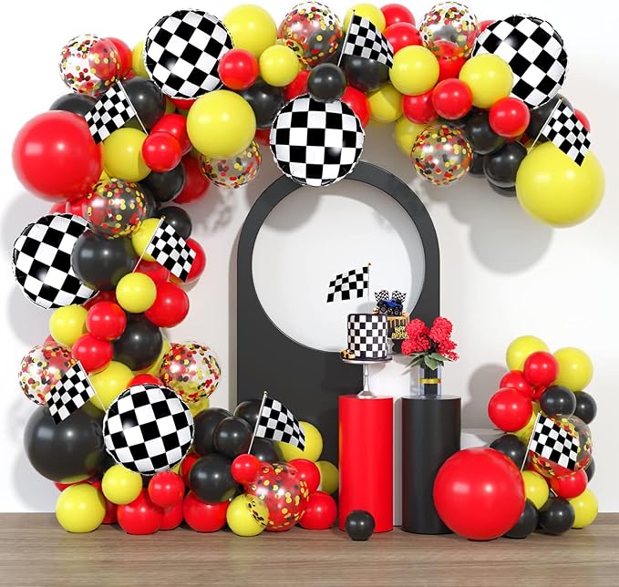 Race Car Balloon Garland Kit Red Black Yellow Latex Confetti Balloons Arch Black White Car Foil Balloons Flag for Baby Shower Cars Truck Party Decorations