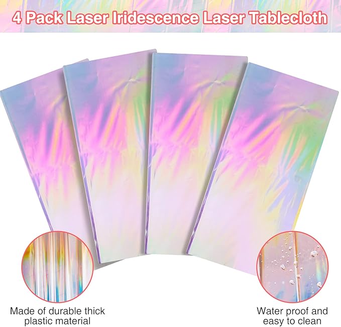 FunnyPars 4 Pack Iridescent Plastic Tablecloths, Shiny Disposable Laser Rectangle Table Covers, Holographic Foil Tablecloth Iridescent Birthday Party Supplies Decorations