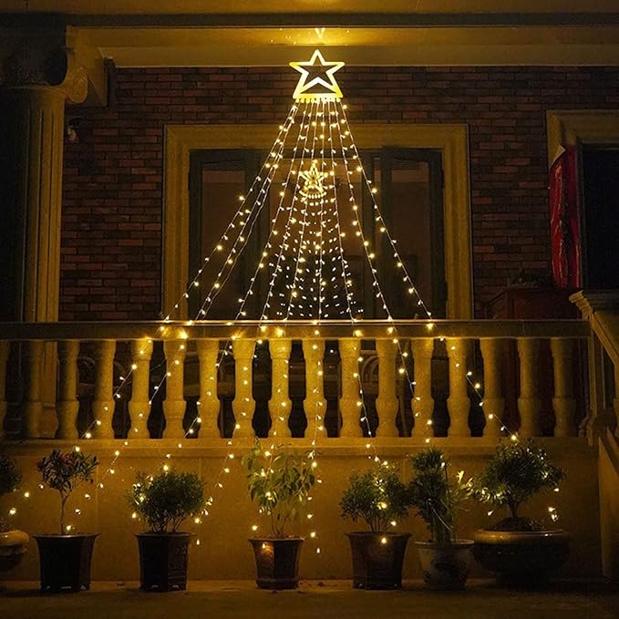Christmas Decorations Star String Lights, 320 LED Waterfall Tree Lights with 13" Topper Star 8 Lighting Modes Indoor Outdoor Decorative for New Year, Holiday, Wedding, Party