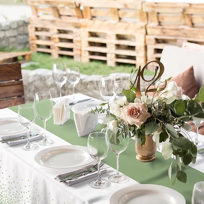 12Pcs White and Sage Green Tablecloth Decorations,Plastic White Table Cloth Printed Green Table Runner Disposable Rectangle Tables Cover for Birthday Wedding Anniversary Graduation Party,54 x108 Inch