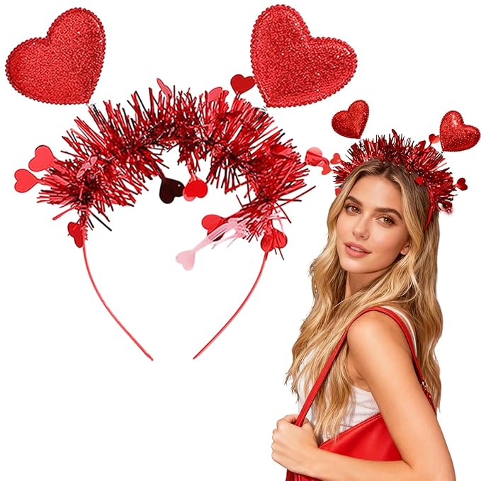 Valentines Headband with Red Heart Designs Sequin Heart Hair Accessories Shiny Red Tassel Head Bopper Romantic Valentines Headbands for Valentines Lover Party Hair Accessory Supplies 1pcs