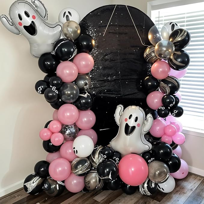 Halloween Balloon Arch Garland Kit, Black and Pink Balloons Ghost Foil Bat Balloons for Family,Halloween Party Background Classroom Decorations Cosplay Theme Party