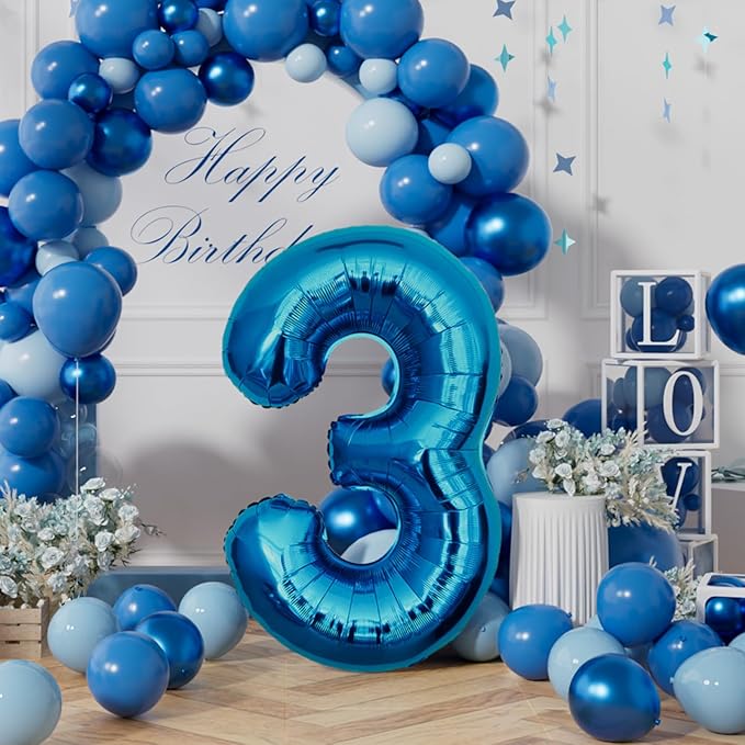 AULE 40 Inch Large 3 Balloon Numbers Blue, Big Foil Number Balloons, Giant Helium Happy Birthday Party Decorations for Man and Women, Huge Mylar Anniversary Party Supplies