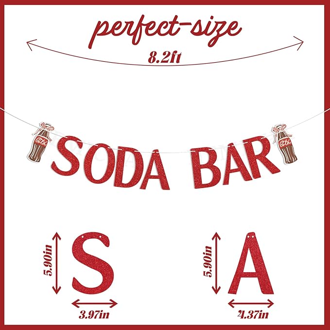 Soda Bar Banner - She's Ready to Pop Baby Shower Decor, Soda Pop Theme Birthday Bridal Shower Party Decorations Red Glitter