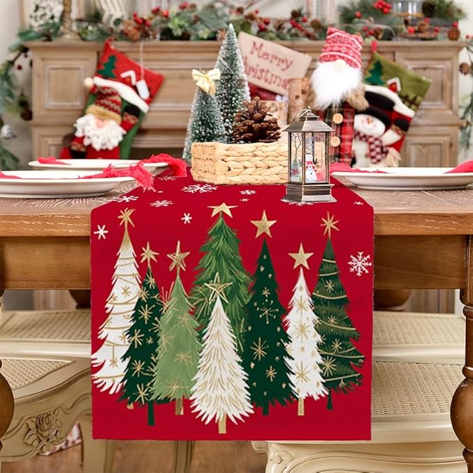 GEEORY Christmas Table Runner 13x60 Inch, Xmas Trees Snowflakes Holiday Decorative Farmhouse Table Decoration for Kitchen Dinning, Indoor Outdoor Dinner Party Decor (Red) GT150-60